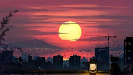 Sunset Silence with Black Cat and Lantern wallpaper