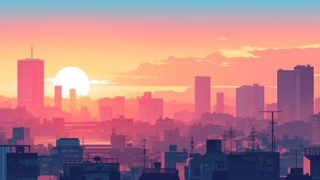 Pastel Sunrise Over Futuristic Cityscape wallpaper