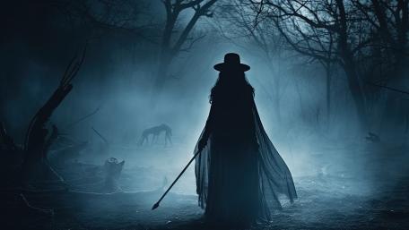 Ethereal Wanderer in the Foggy Woods wallpaper
