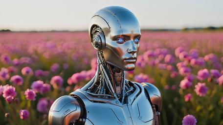Futuristic Humanoid Robot in Blooming Fields wallpaper