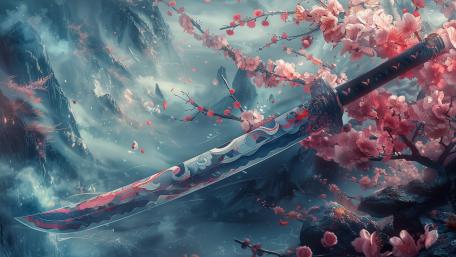 Katana of Blossoms and Mist wallpaper