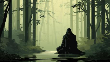 Cloaked Ninja in Enchanted Bamboo Forest wallpaper