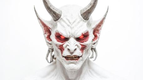 Horned Demon with Glowing Red Eyes in 5K Detail wallpaper