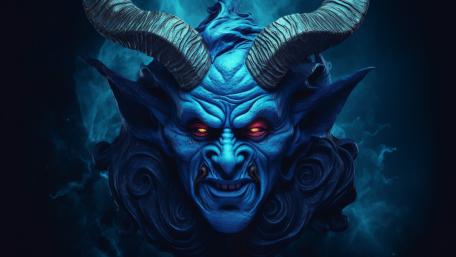 Horned Demon with Glowing Eyes in Dark Fantasy Realm wallpaper