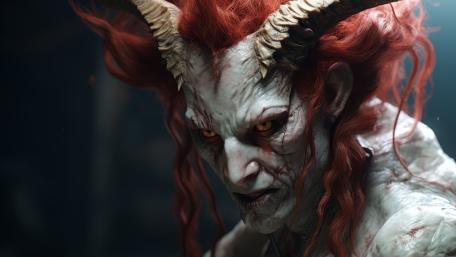 Horned Demon of the Abyss: A Dark Fantasy Scene wallpaper