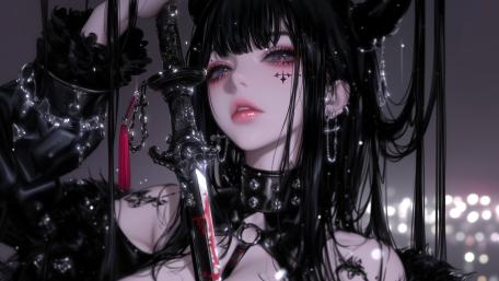 Gothic Elegance Anime Girl with Black Hair and Sword wallpaper