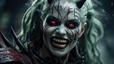 Gothic Demoness with Fiery Eyes in 4K Fantasy Art wallpaper