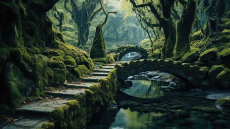 Mossy Forest Dreamscape with Stone Bridges wallpaper