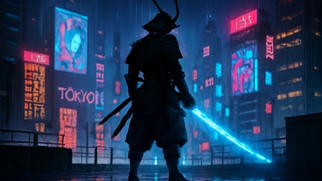 Cyberpunk Samurai in Neon Tokyo Night wallpaper