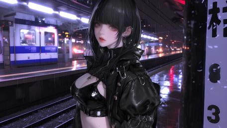 Gothic Elegance in Rainy Train Station Scene wallpaper