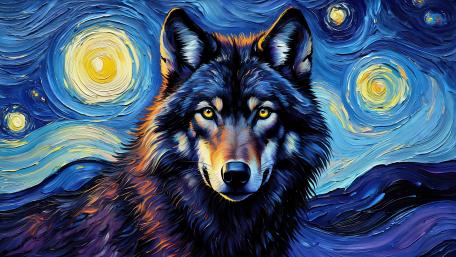 Wolf in Enchanted Starry Night Landscape wallpaper