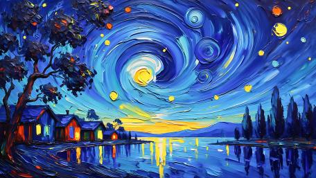 Starry Dawn Over Serene Waters in Van Gogh Style wallpaper
