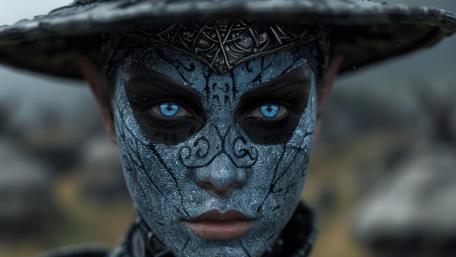 Mystical Blue-Eyed Gothic Mask Creation wallpaper