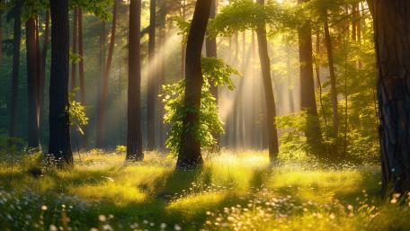 Beautiful Sunlit Spring Forest Scene wallpaper