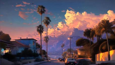 Sunset Boulevard Dreamscape: A Fantasy Evening Scene wallpaper