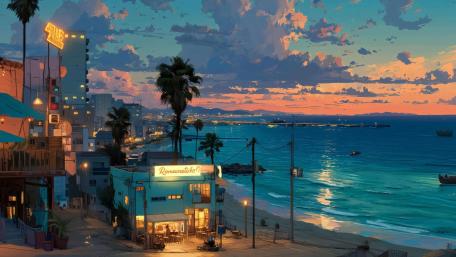 Sunset Serenity Anime Coastline Scene wallpaper