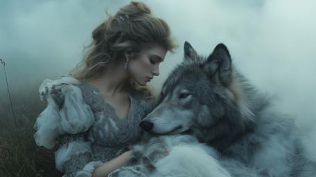 Enchanted Bond: Woman and Wolf in Dreamscape wallpaper