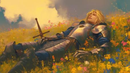 Serene Knight Resting in a Field of Wildflowers wallpaper