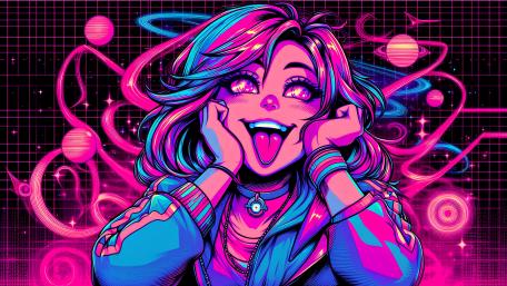 Neon Dreamscape Anime Girl in Retro Futurism wallpaper