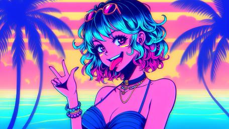 Neon Beach Vibes Anime Girl 5K wallpaper
