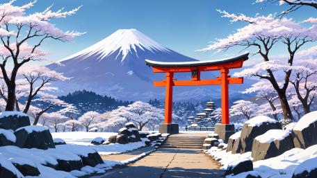 Torii Gate in Snowy Mount Fuji Landscape wallpaper