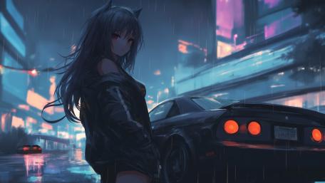 Anime Night Drive in the Rain wallpaper
