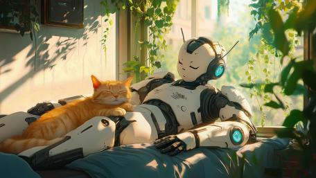 Cozy Futuristic Anime Room with Robot and Lazy Cat wallpaper