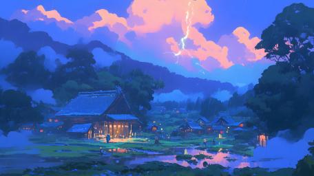 Lightning Strikes Over a Tranquil Anime Village wallpaper