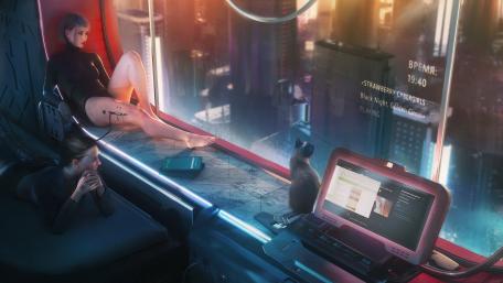 Futuristic Cyborg Reflections in a Neon Cityscape wallpaper