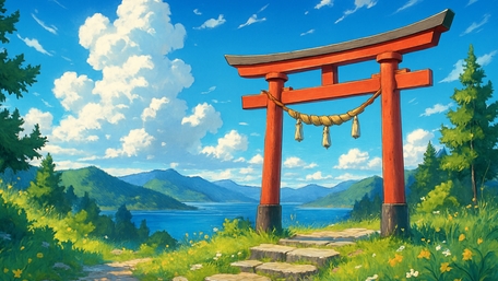 Red Torii Gate Overlooking Serene Landscape wallpaper