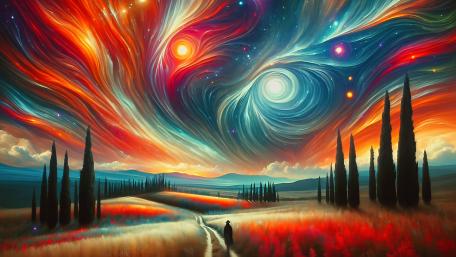 Cosmic Dance Over Serene Landscape wallpaper