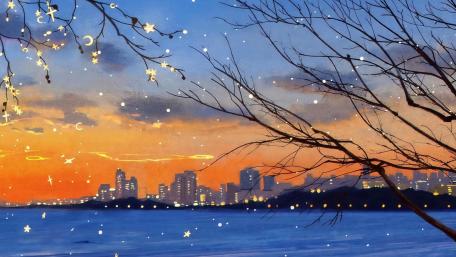 Anime Cityscape at Dusk with Starry Accents wallpaper