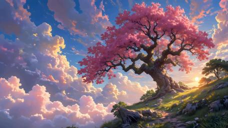 Enchanting Pink Blossom Fantasy Landscape wallpaper