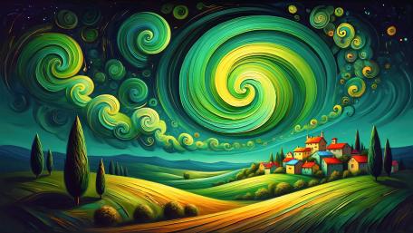 Whirling Skies Over Enchanted Village wallpaper