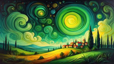 Whimsical Swirls Over Enchanted Village wallpaper