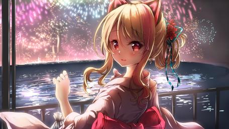 Kawaii Anime Girl Enjoying Fireworks Display wallpaper