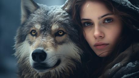 Mystical Bond Between Woman and Wolf wallpaper
