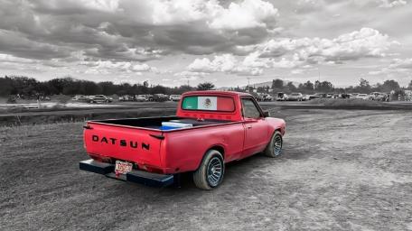 Red Datsun Pickup on Rural Adventure wallpaper