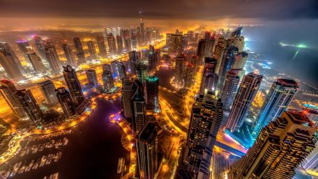 Dubai Marina Illuminated: A Nighttime Aerial Spectacle wallpaper
