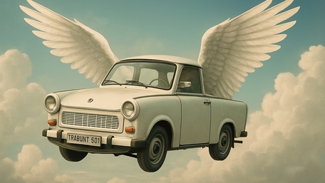 Flying Trabant Car with Angelic Wings in Cloudy Sky wallpaper