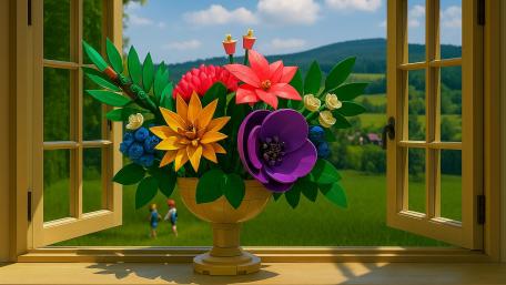 Vibrant Floral Composition in Open Window View wallpaper