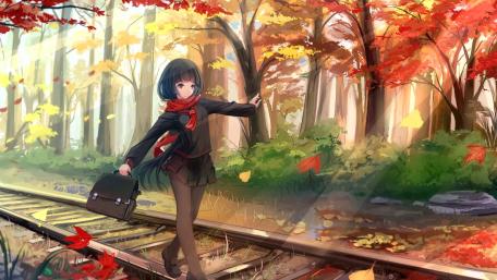 Autumn Stroll: Anime Girl on Railway Tracks wallpaper