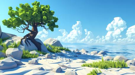 Serene Low-Poly Beach Escape wallpaper