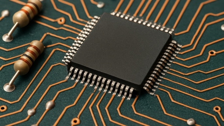 Microchip Circuitry Close-Up: A Futuristic Perspective wallpaper