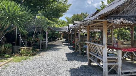 Charming Outdoor Restaurant Pathway in the City wallpaper