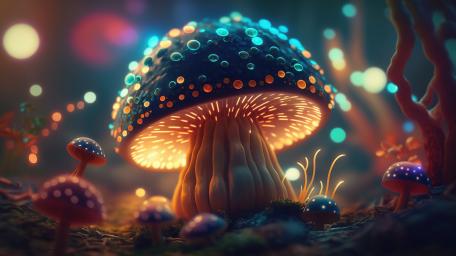 Fantastic Wonderland Forest with Glowing Mushrooms wallpaper