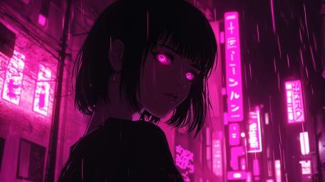 Neon Dreams in a Rainy Anime City wallpaper