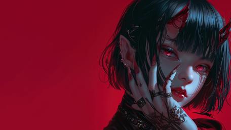 Tattooed Anime Girl with Horns and Red Eyes wallpaper