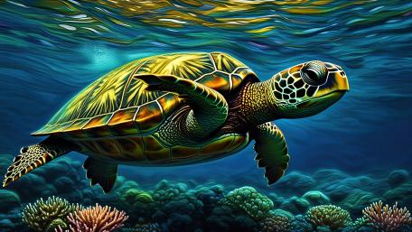 Sea Turtle Serenity in Vibrant Underwater World wallpaper
