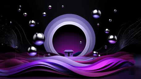 Purple Dreamscape with Metallic Orbs and Waves wallpaper